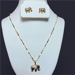 Gold Elephant Pendant Necklace and Earrings Set - Women Jewelry